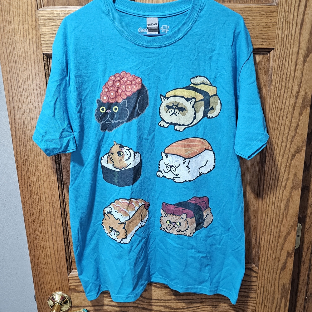 Gildan Blue Cat Sushi Graphic T-Shirt